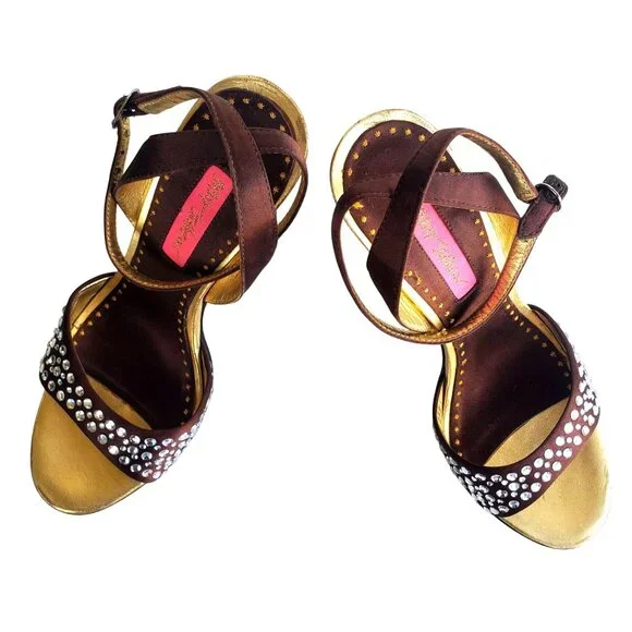 Betsey Johnson Cristie Platform Heels 7 Strappy Rhinestone Brown Gold Open Toe - Picture 2 of 13